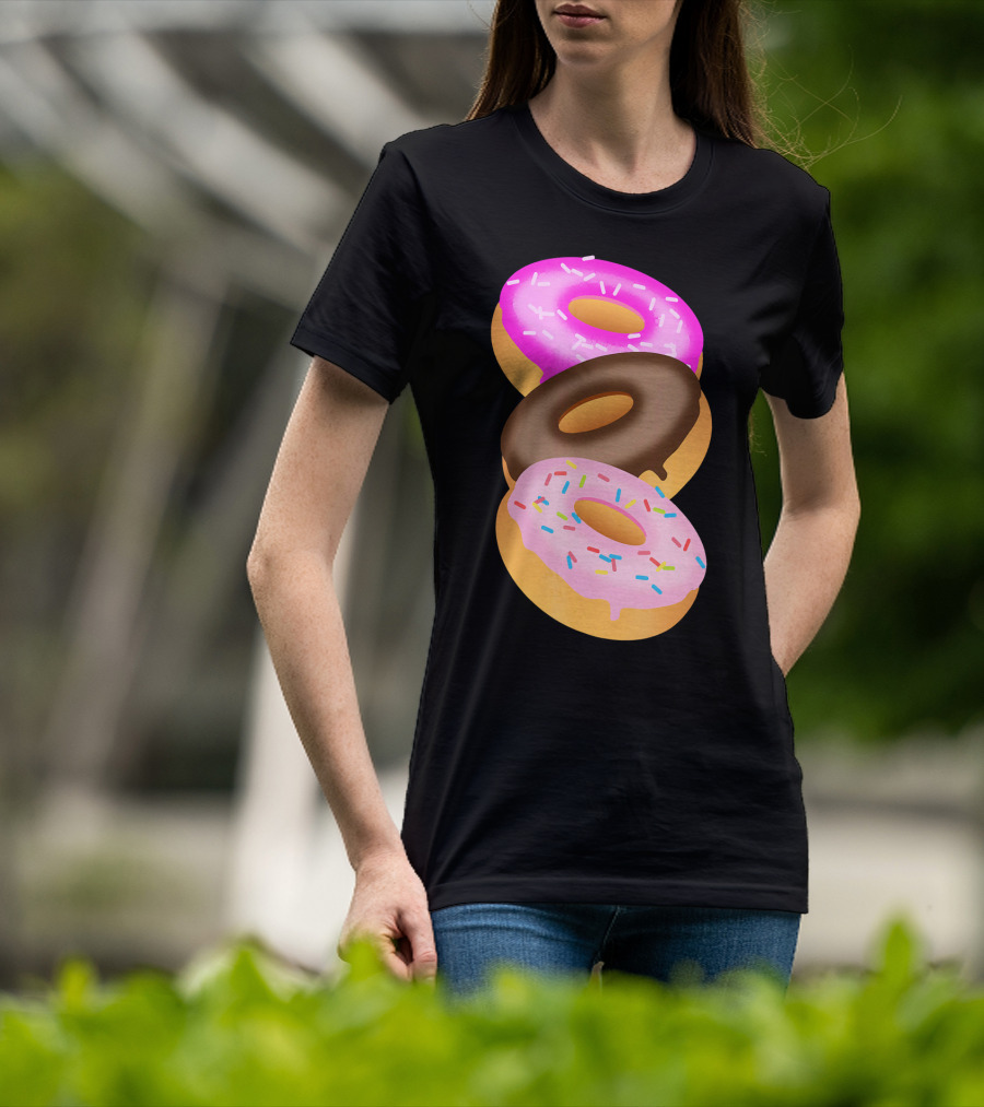 Donuts Doughnut Confection Pink Chocolate Frosted Doughnut Trio T-Shirt