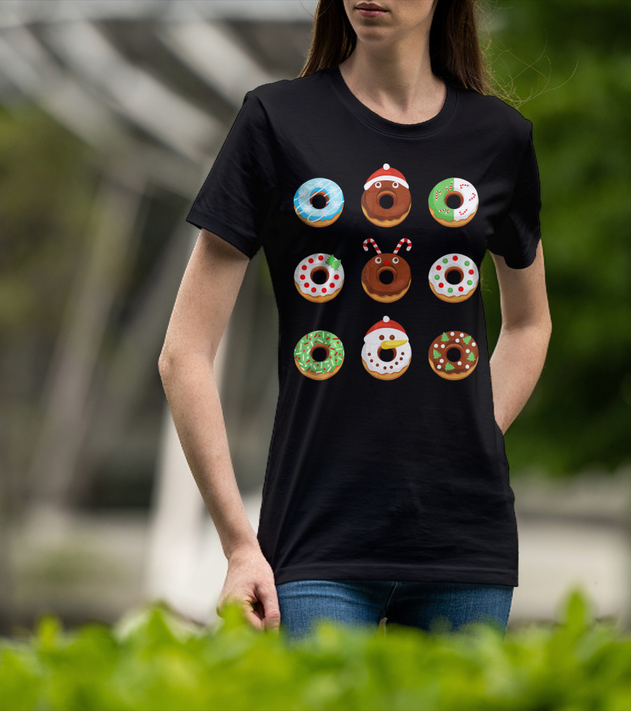 Christmas Donut Snowflakes Santa Candy Canes Holly Wreath Trees Snowman T-Shirt