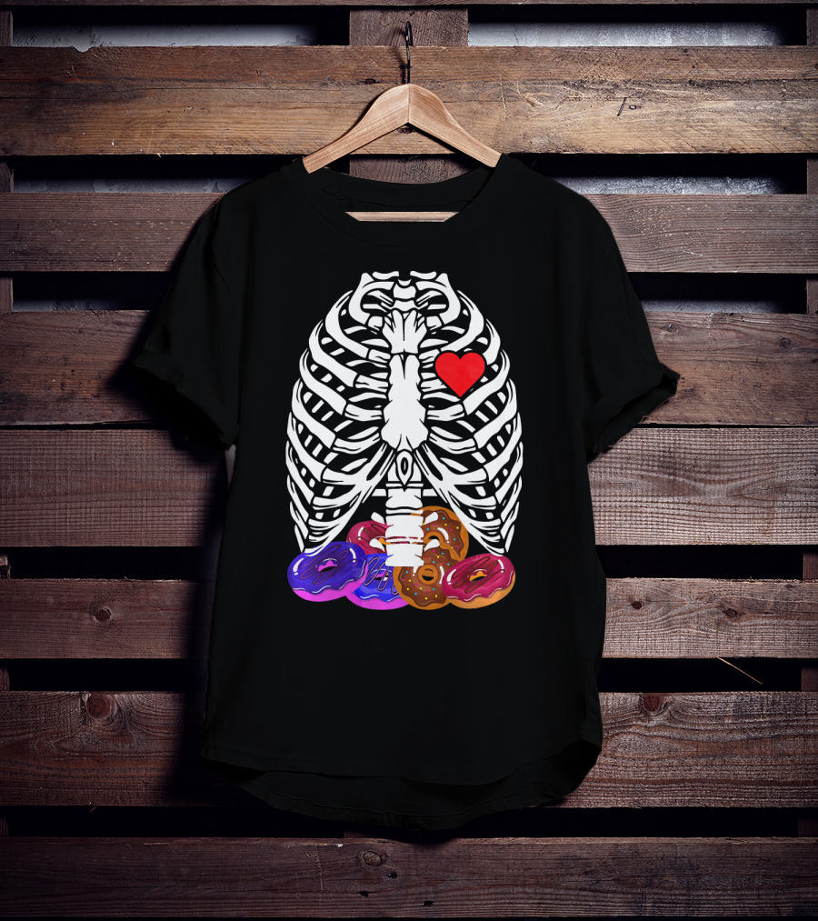 Funny Halloween Rib Cage Skeleton With Heart And Colorful Donuts T-Shirt