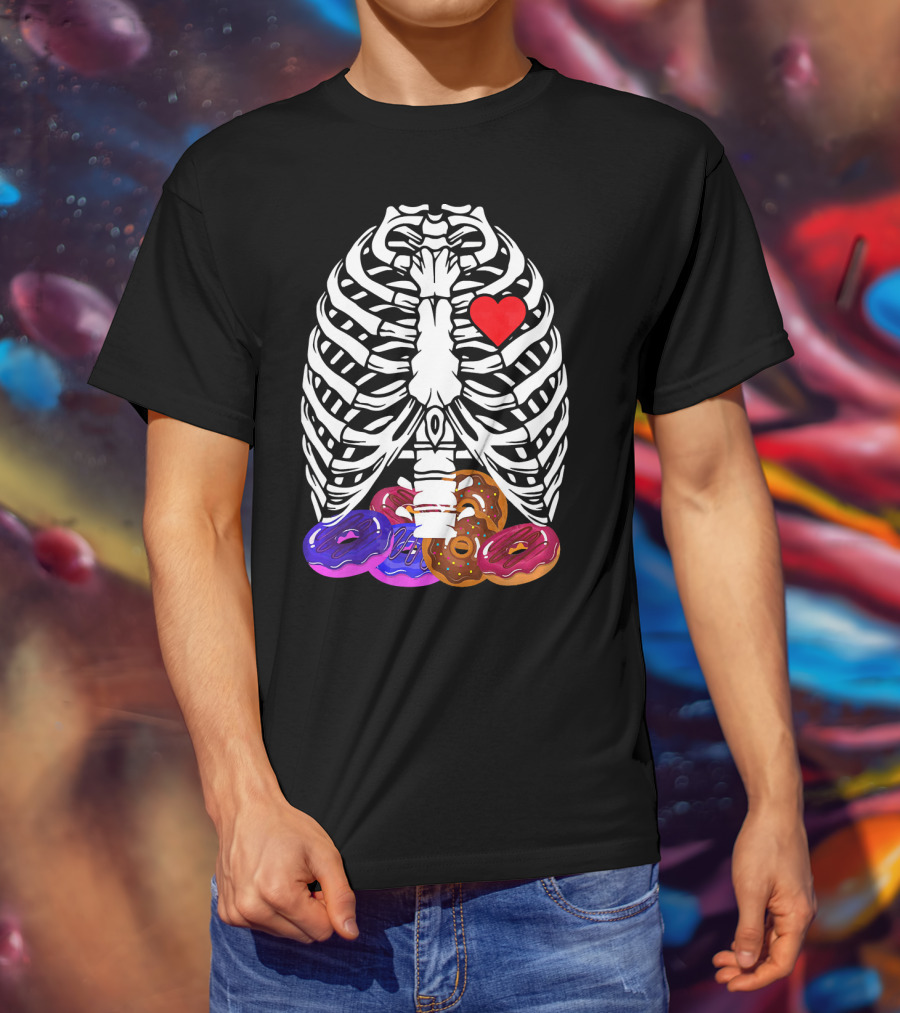 Funny Halloween Rib Cage Skeleton With Heart And Colorful Donuts T-Shirt