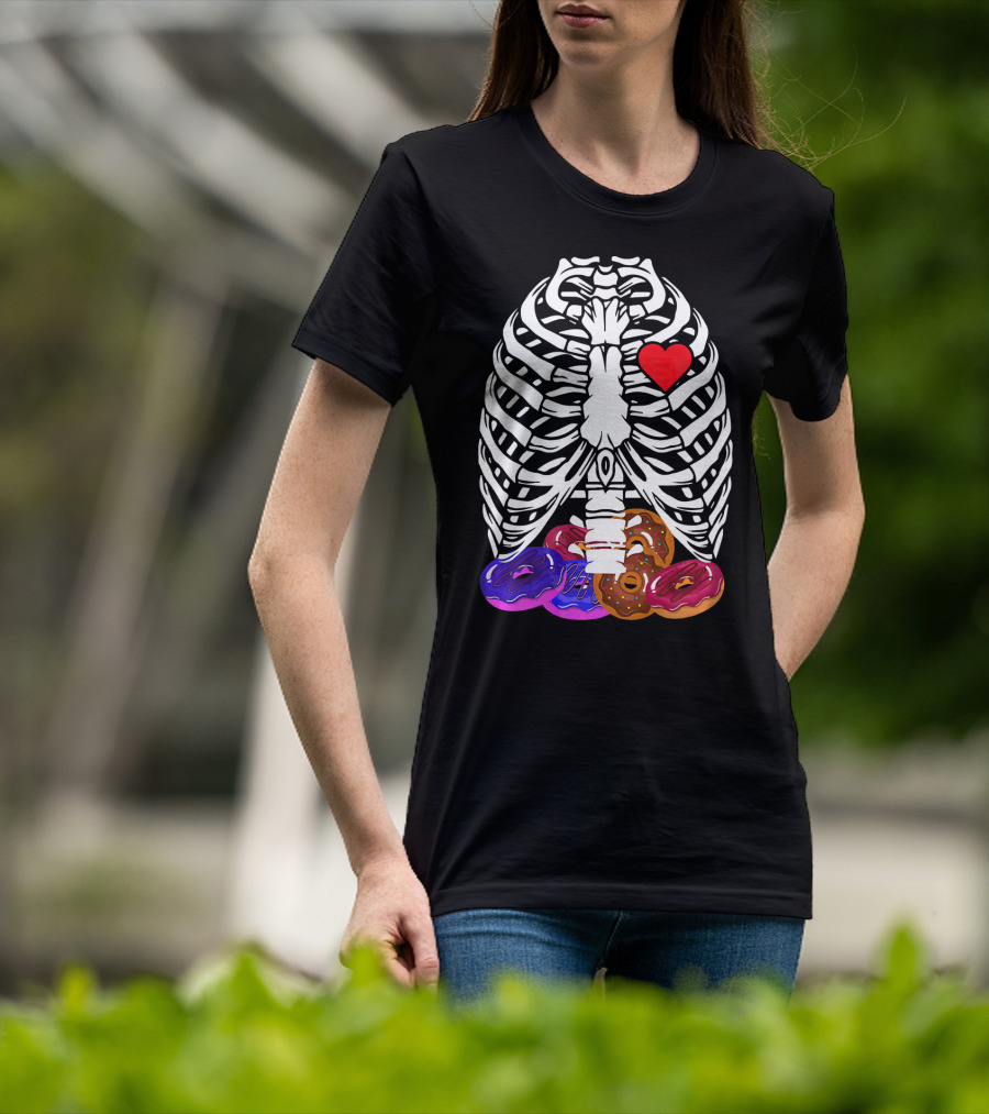 Funny Halloween Rib Cage Skeleton With Heart And Colorful Donuts T-Shirt