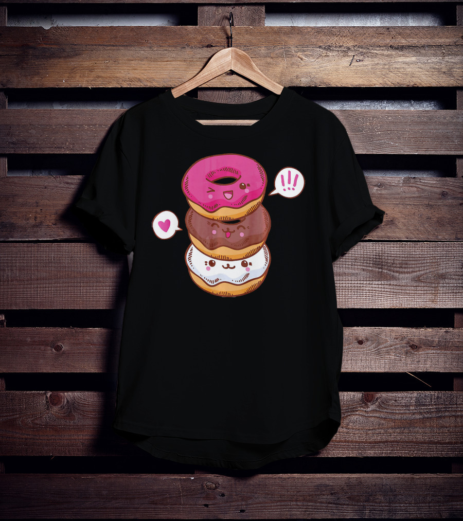 Kawaii Cheerleading Donut Stack With Cute Expressions And Heart Speech Bubbles T-Shirt