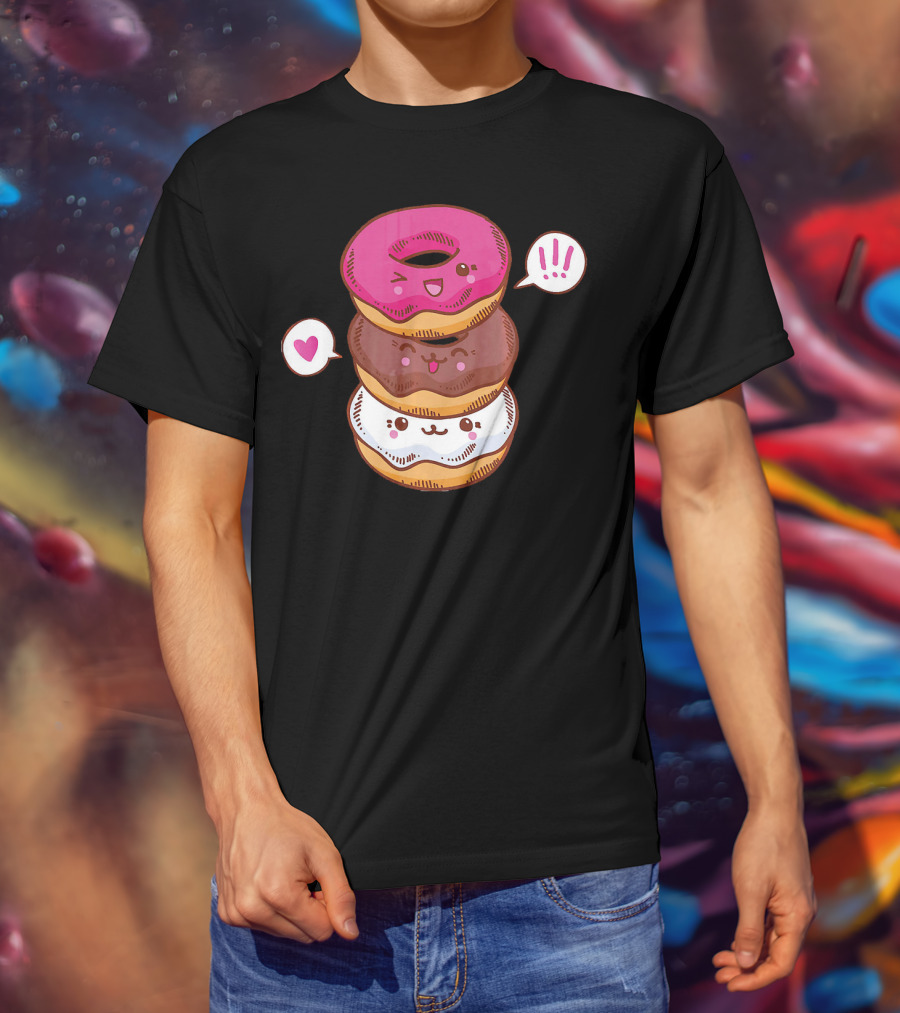 Kawaii Cheerleading Donut Stack With Cute Expressions And Heart Speech Bubbles T-Shirt