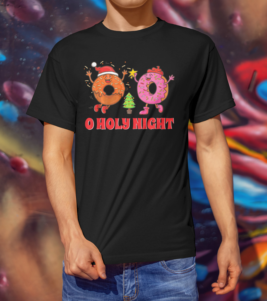 O Holy Night Christmas Donuts With Santa Hat And Tree T-Shirt