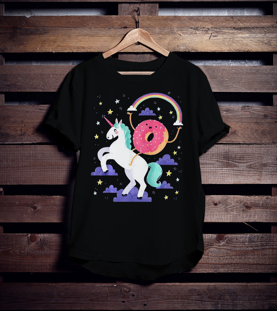 Donut Riding Unicorn With Rainbow And Stars T-Shirt