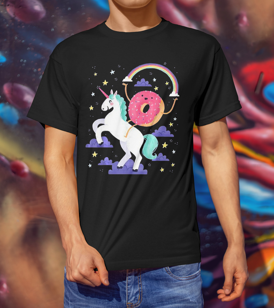 Donut Riding Unicorn With Rainbow And Stars T-Shirt