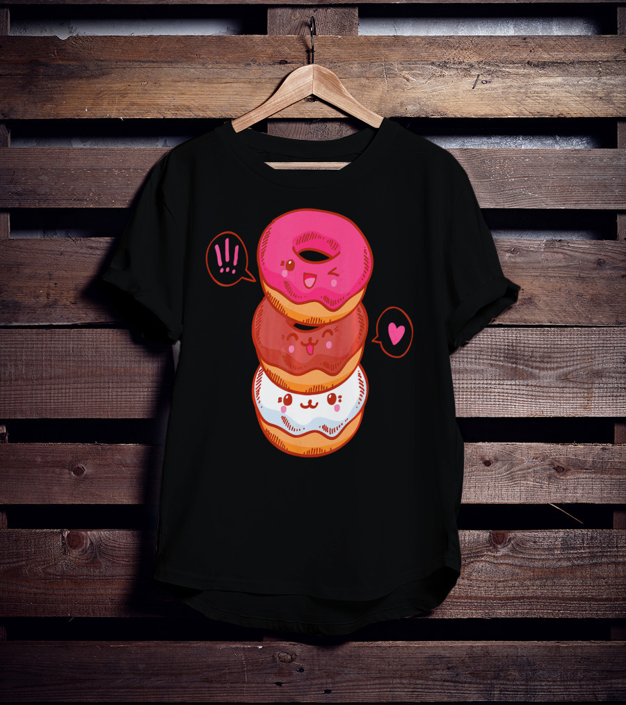 Kawaii Donuts Stack With Cute Faces And Heart T-Shirt