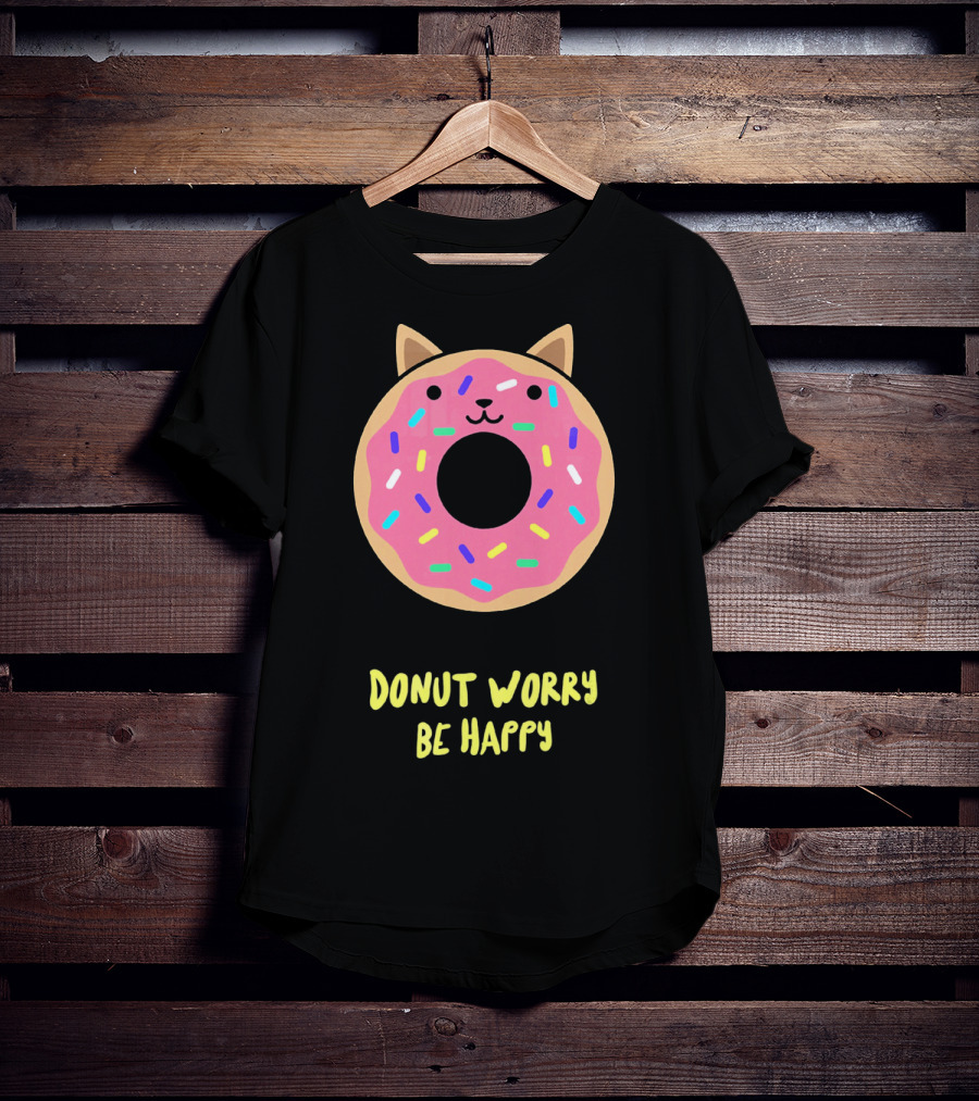 Kawaii Japanese Anime Pink Sprinkle Cat Donut Worry Be Happy T-Shirt