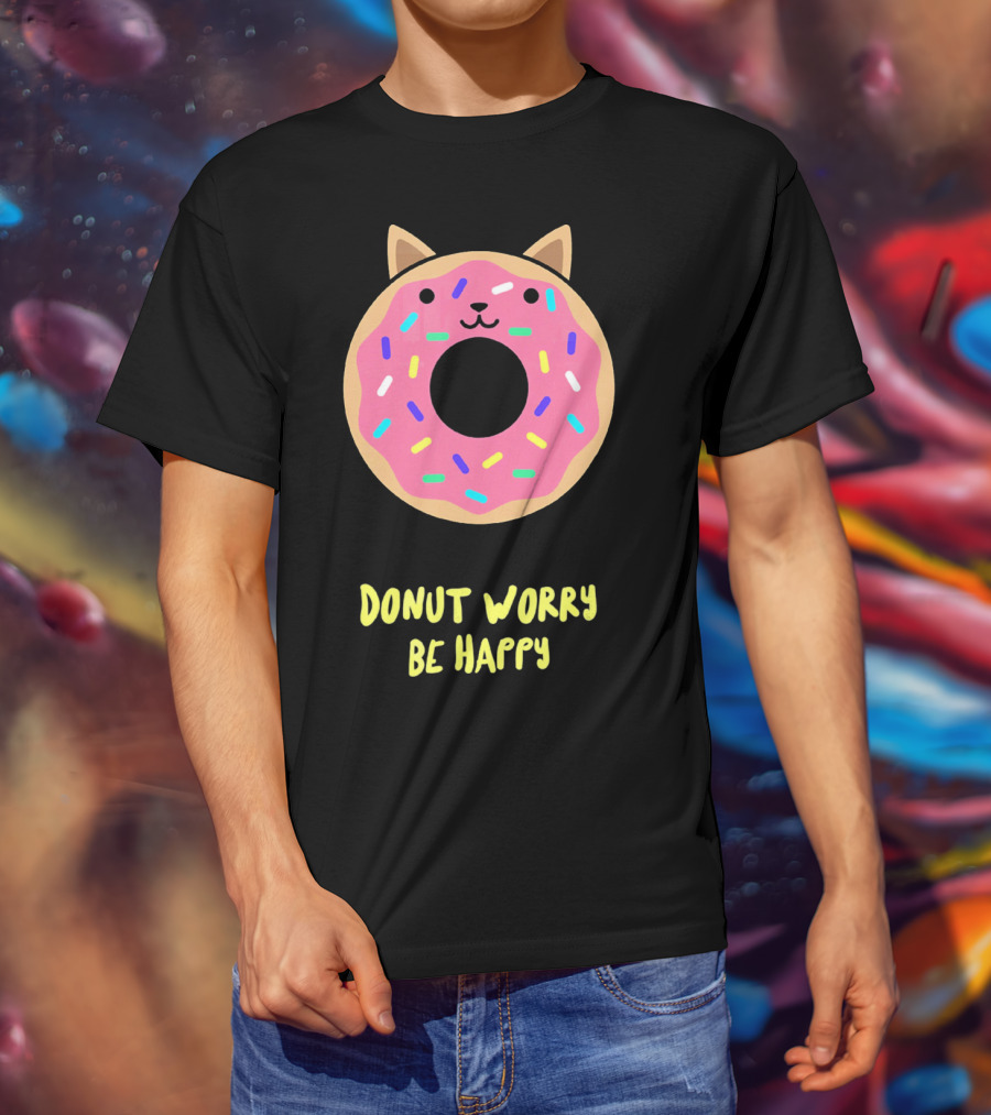 Kawaii Japanese Anime Pink Sprinkle Cat Donut Worry Be Happy T-Shirt