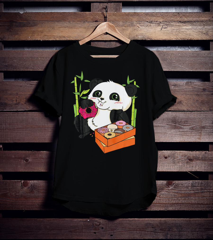 Panda Enjoying Box Of Colorful Donuts With Bamboo Background T-Shirt