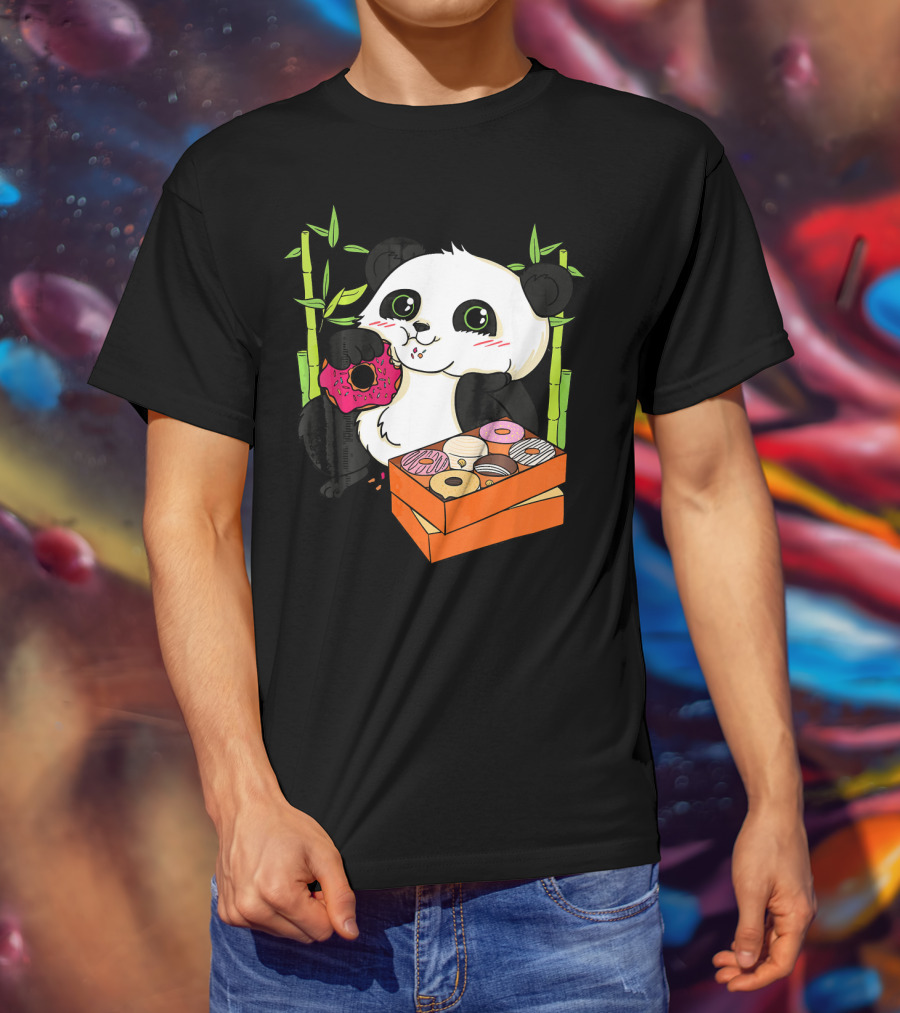 Panda Enjoying Box Of Colorful Donuts With Bamboo Background T-Shirt