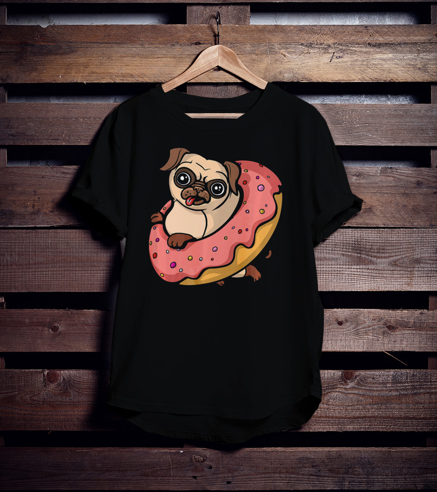 Pug Dog With Pink Frosted Donut Lover T-Shirt