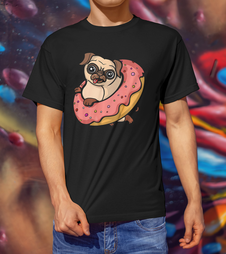 Pug Dog With Pink Frosted Donut Lover T-Shirt
