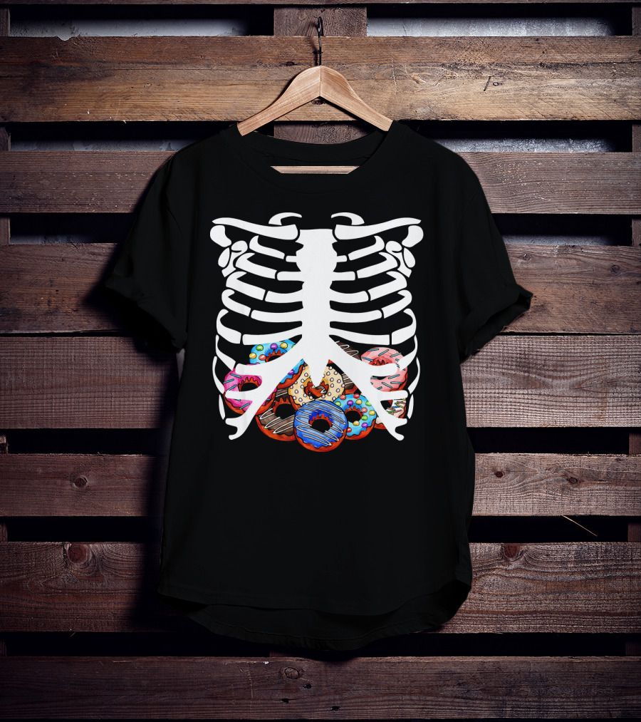 Halloween Skeleton Ribcage With Colorful Donut Food T-Shirt