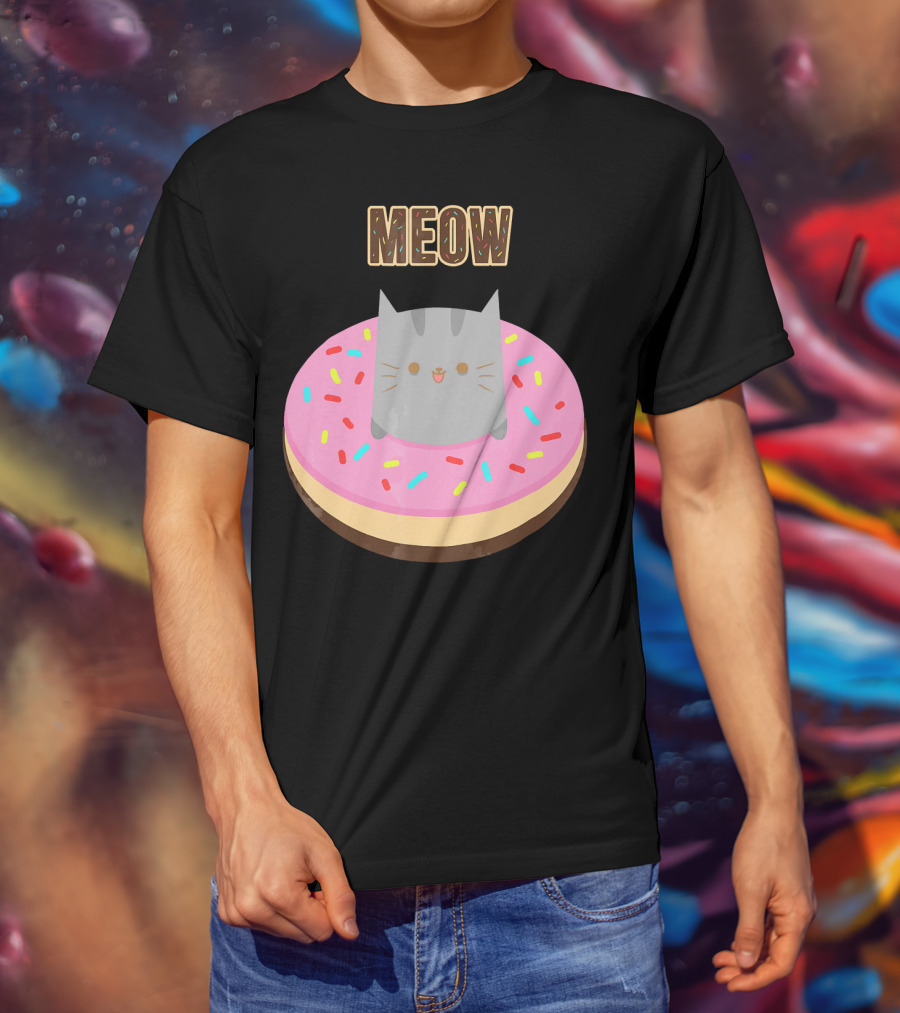 MEOW Adorable Cat Sitting In Colorful Donut T-Shirt