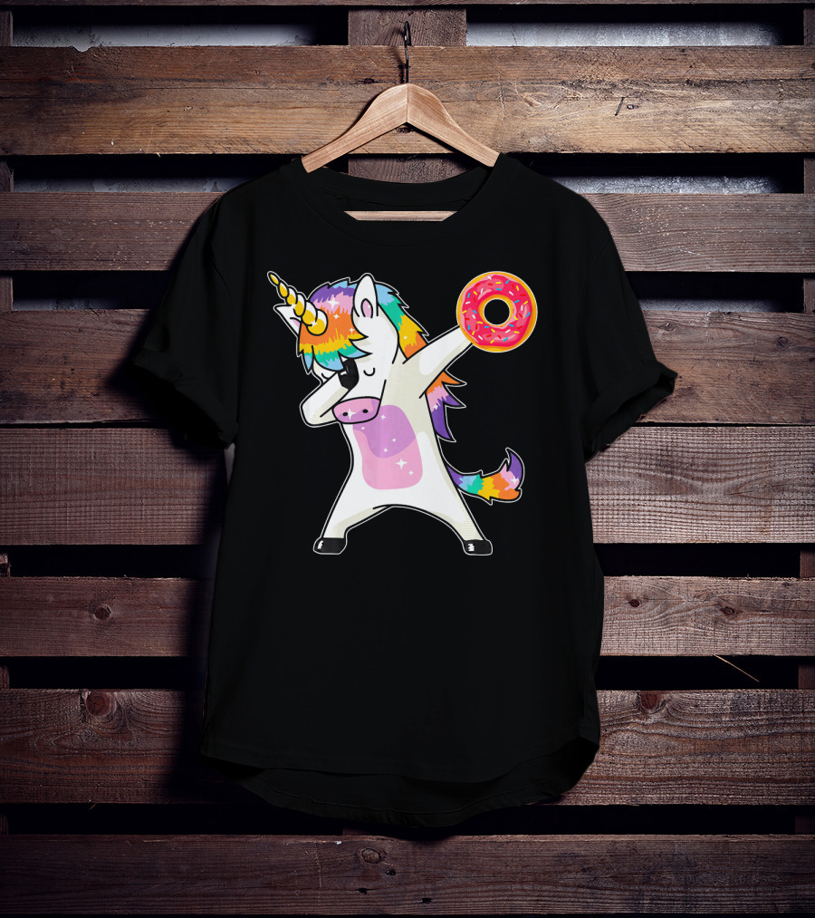 Cute Dabbing Rainbow Unicorn Holding Doughnut Donut T-Shirt