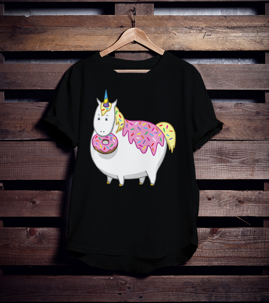 Funny Cute Fat Unicorn With Pink Frosting Doughnut T-Shirt
