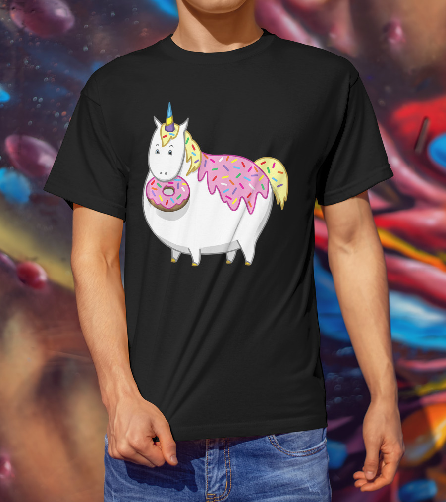 Funny Cute Fat Unicorn With Pink Frosting Doughnut T-Shirt