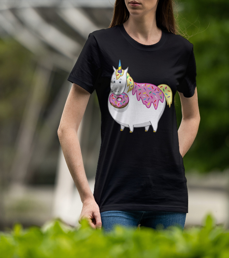 Funny Cute Fat Unicorn With Pink Frosting Doughnut T-Shirt