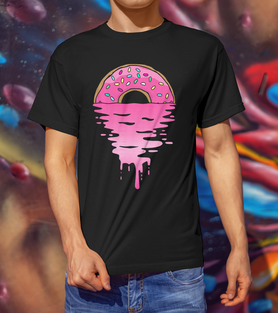 Pink Glazed Donut Melting Into Sunset Horizon T-Shirt