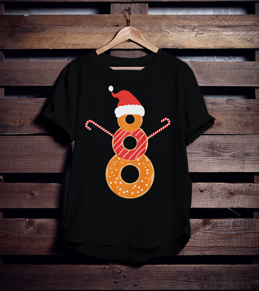 Santa Hat Donuts Doughnut Snowman With Candy Cane Arms T-Shirt