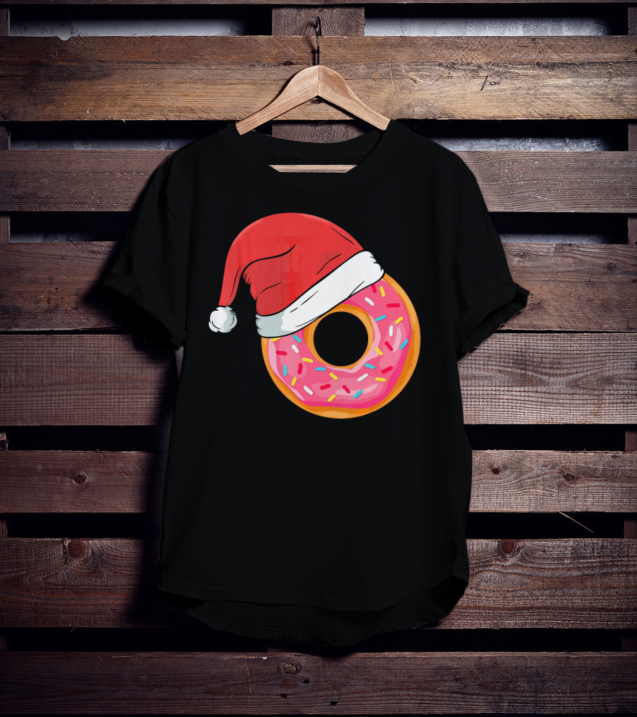 Santa Hat On Sprinkled Donut Holiday Humor T-Shirt