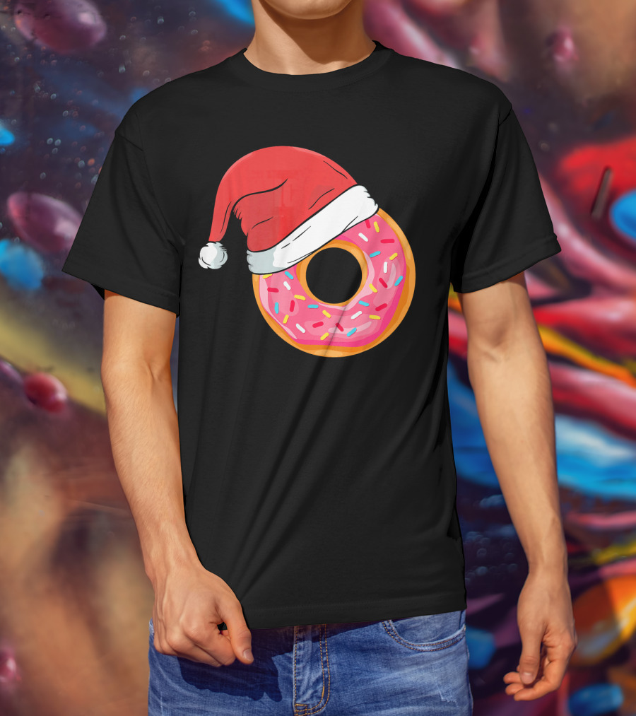 Santa Hat On Sprinkled Donut Holiday Humor T-Shirt