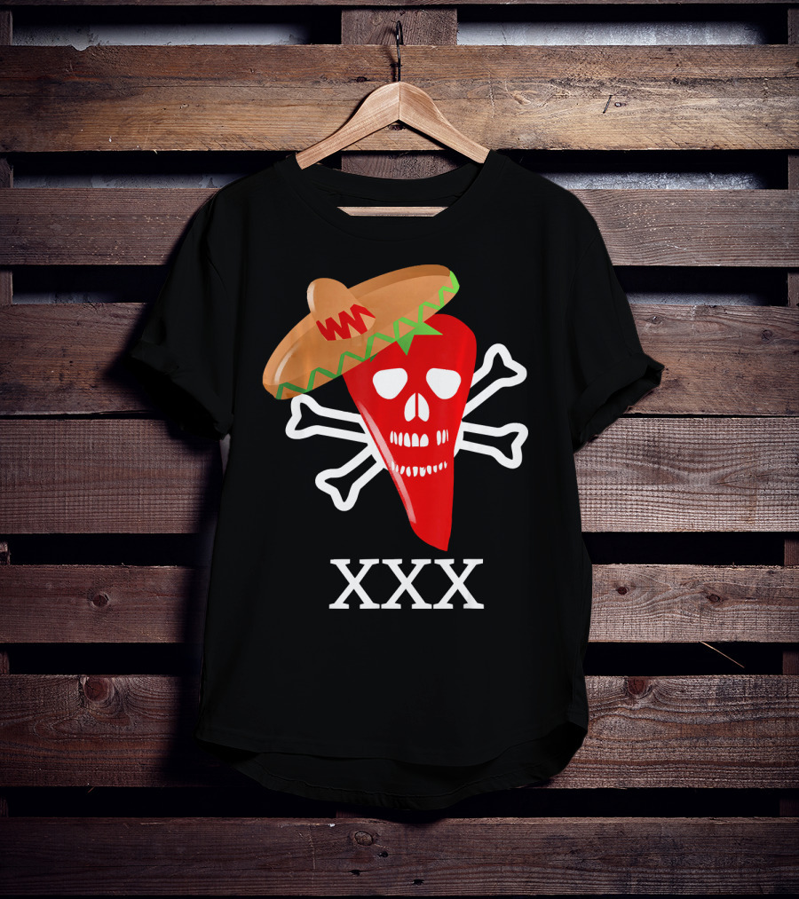Funny Red Hot Chili Pepper Sombrero Skull Crossbones XXX T-Shirt