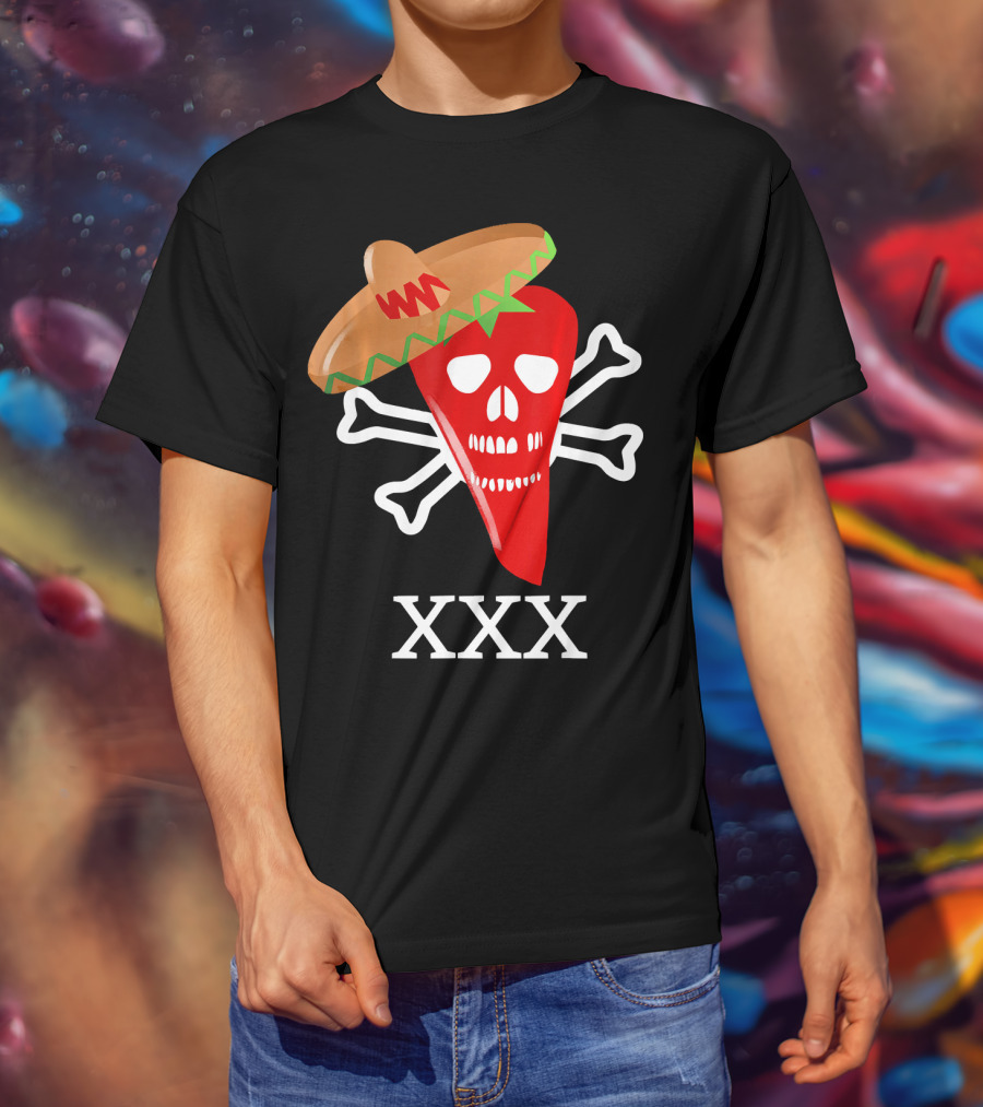 Funny Red Hot Chili Pepper Sombrero Skull Crossbones XXX T-Shirt