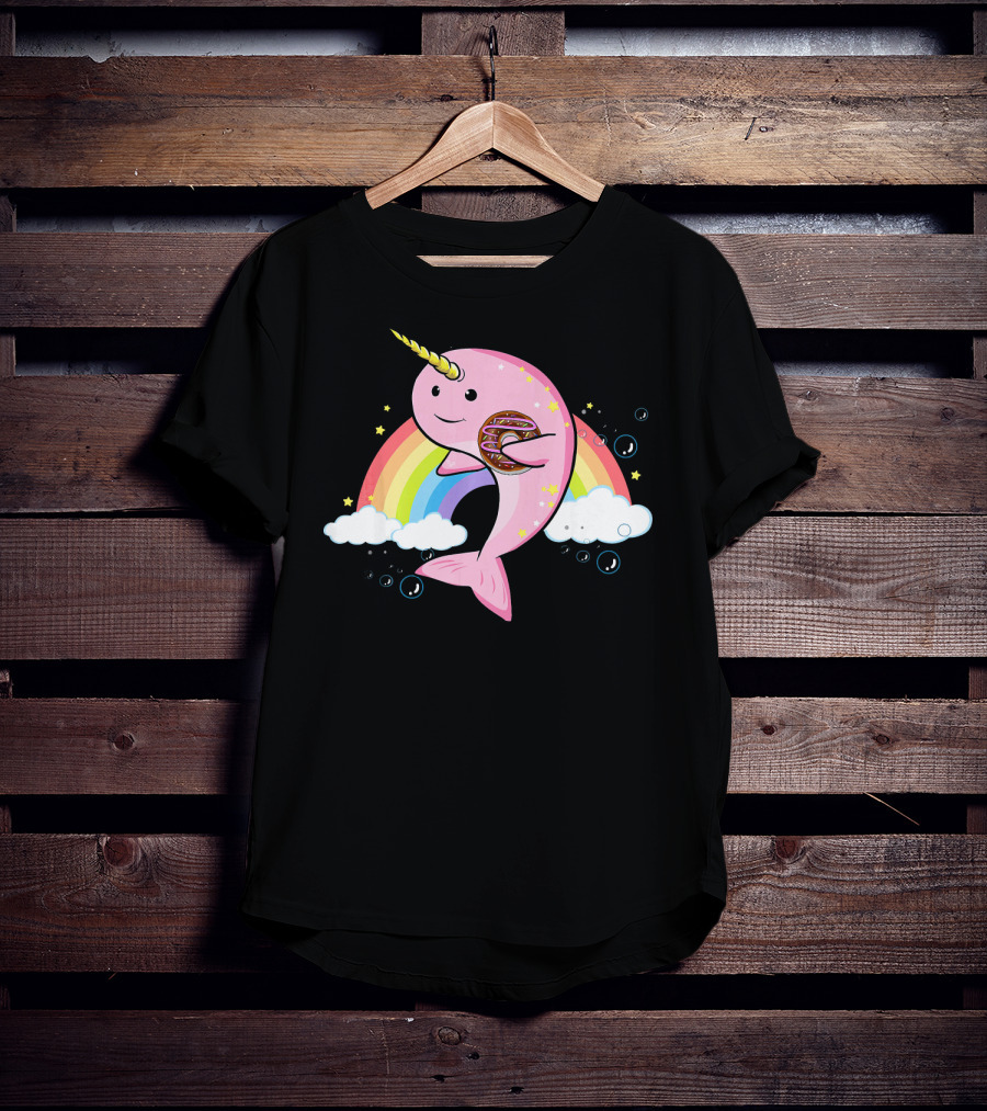 Funny Narwhal Unicorn Of The Sea With Donut On Rainbow Cloud T-Shirt