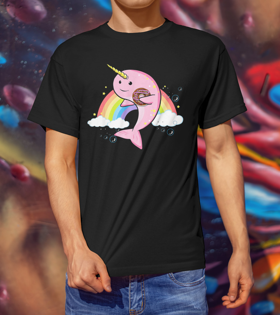 Funny Narwhal Unicorn Of The Sea With Donut On Rainbow Cloud T-Shirt