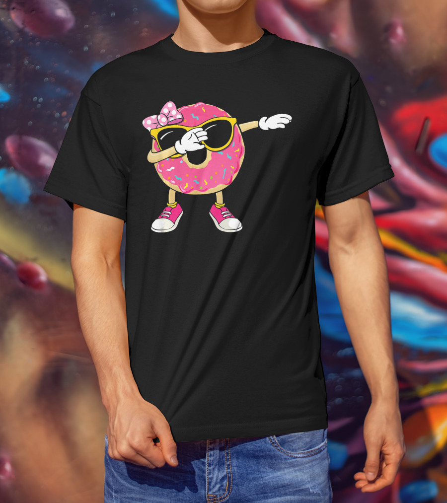 Dabbing Donut With Pink Frosting Sunglasses And Bow T-Shirt