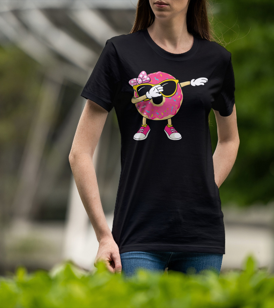 Dabbing Donut With Pink Frosting Sunglasses And Bow T-Shirt