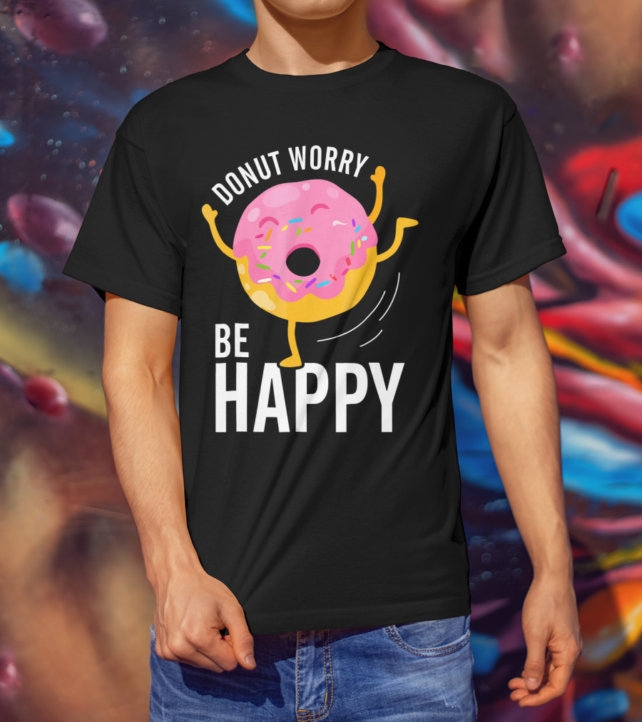 Donut Worry Be Happy Pink Sprinkled Dancing Donut T-Shirt