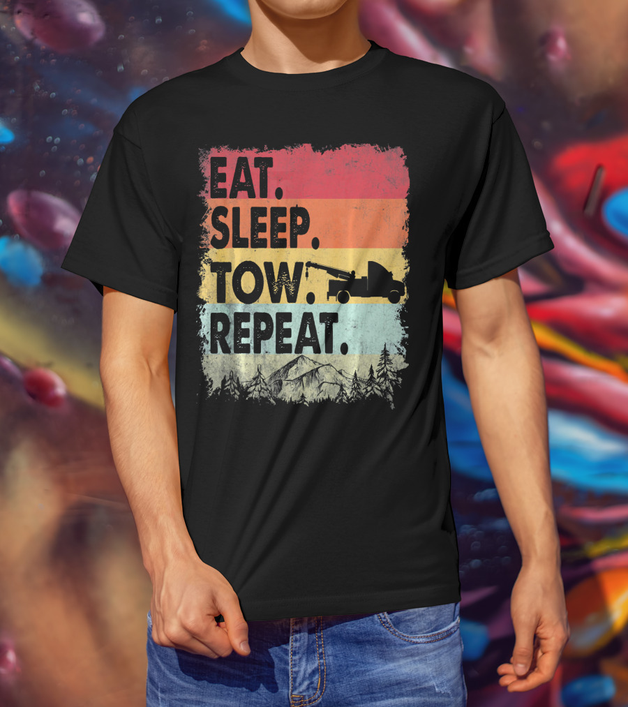 Eat Sleep Tow Repeat Funny Tow Truck Vintage Sunset Mountains Forest T-Shirt