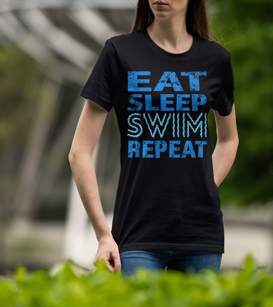 Eat Sleep Swim Repeat Wavy Text Blue T-Shirt