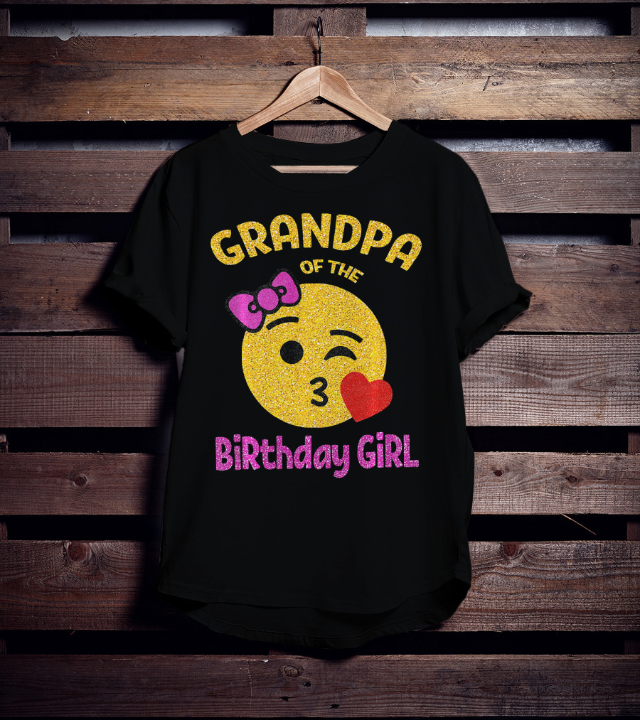 Grandpa Of The Birthday Girl Glitter Emoji Pink Bow Heart Kiss T-Shirt
