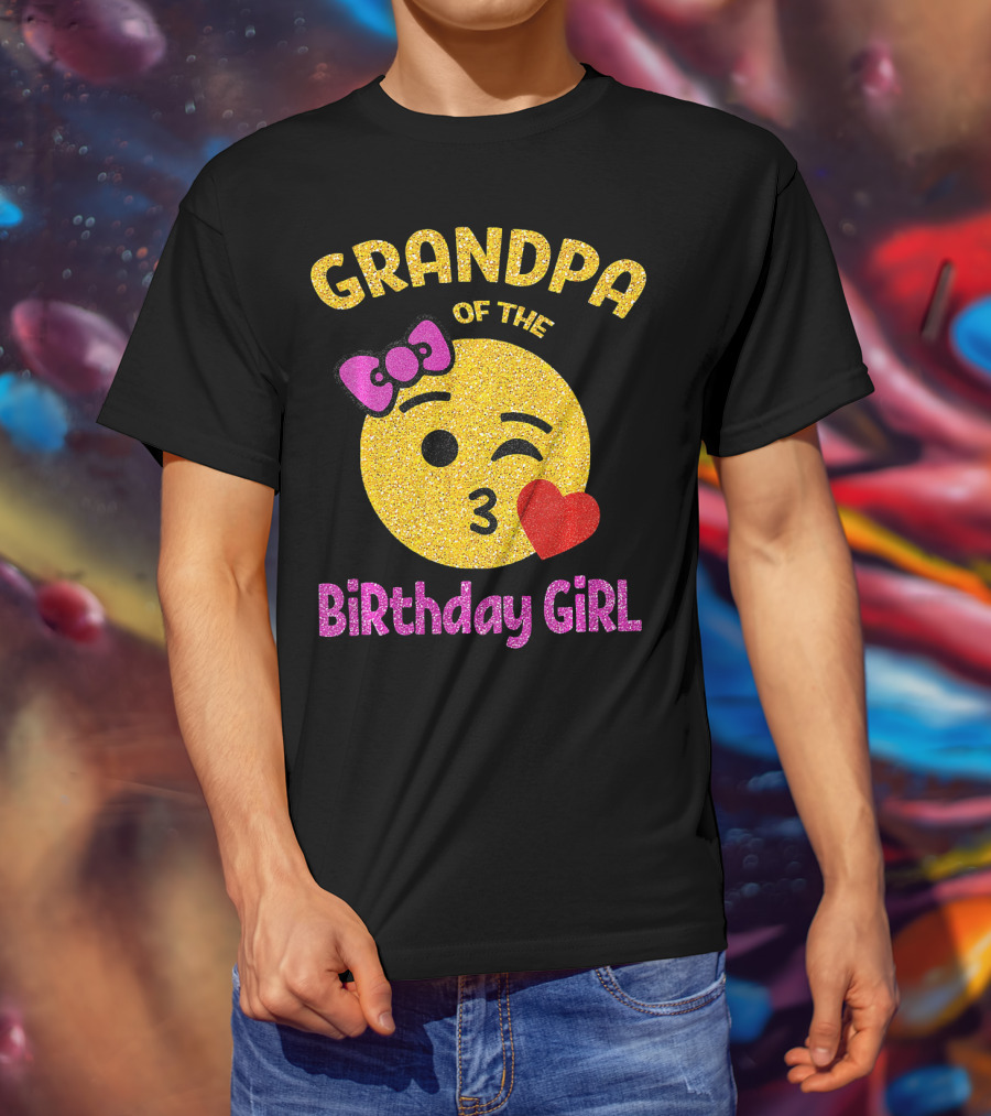 Grandpa Of The Birthday Girl Glitter Emoji Pink Bow Heart Kiss T-Shirt