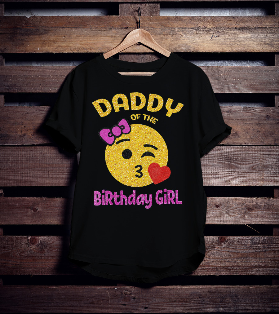 Daddy Of The Birthday Girl Emoji Pink Glitter Heart Bow T-Shirt