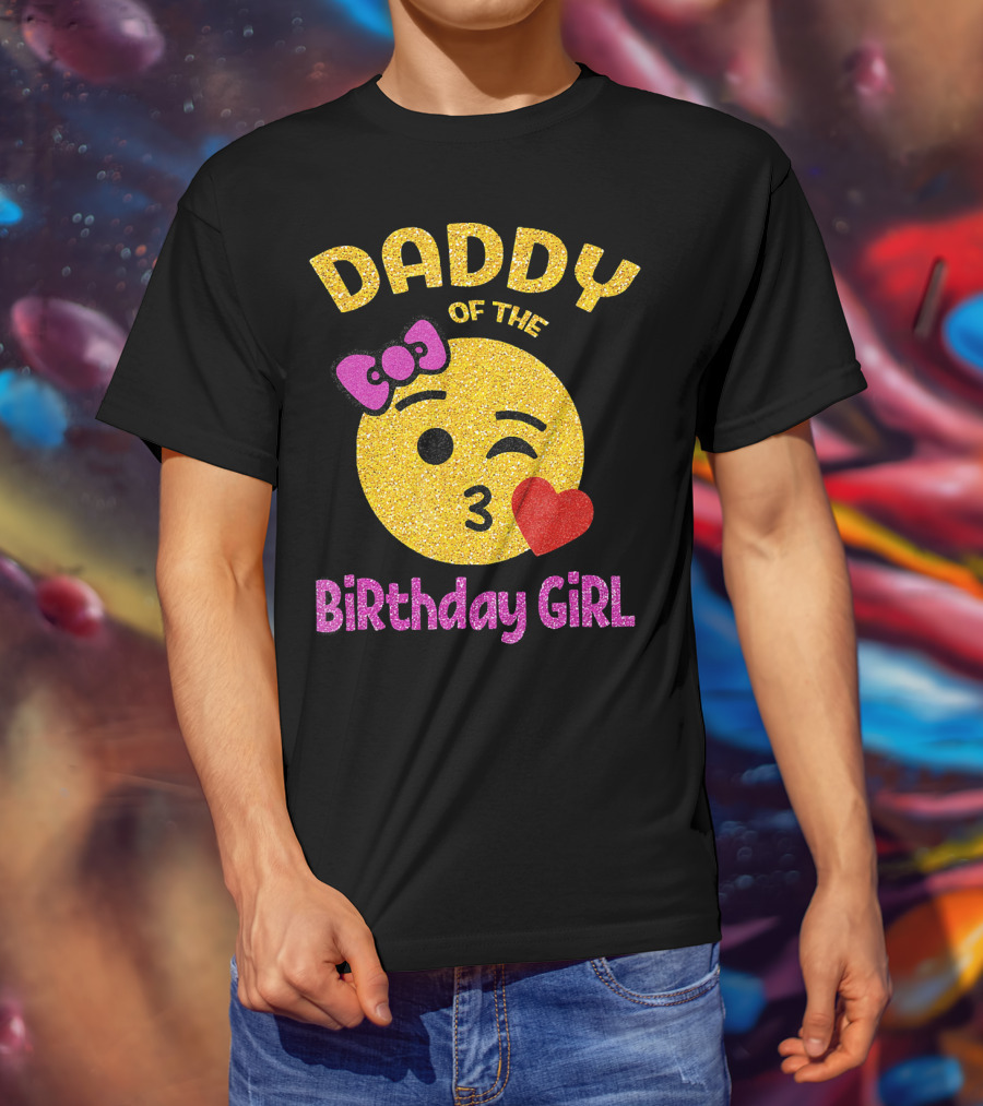 Daddy Of The Birthday Girl Emoji Pink Glitter Heart Bow T-Shirt