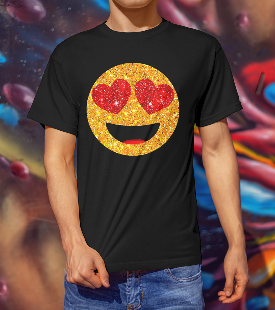 Valentines Day Heart Eyes Emoji Glittering Love Face T-Shirt