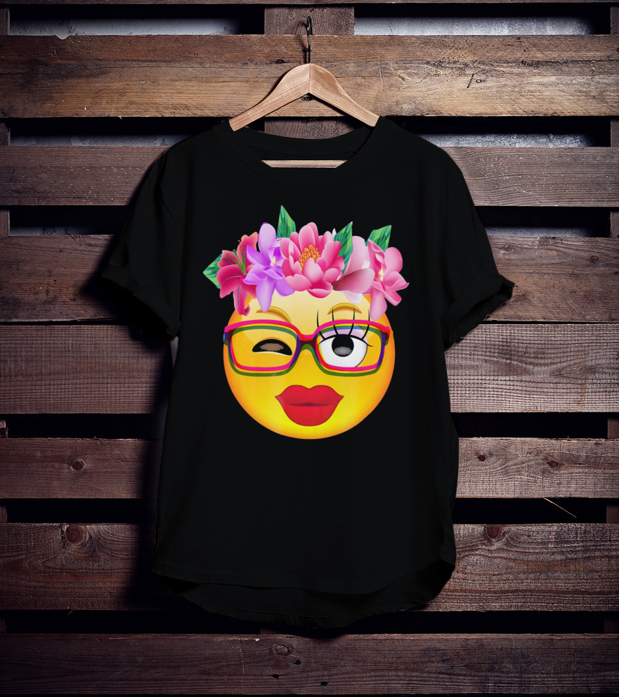 Emoji Face Smiley Emoticon Nerd Winking Glasses And Flower Crown T-Shirt