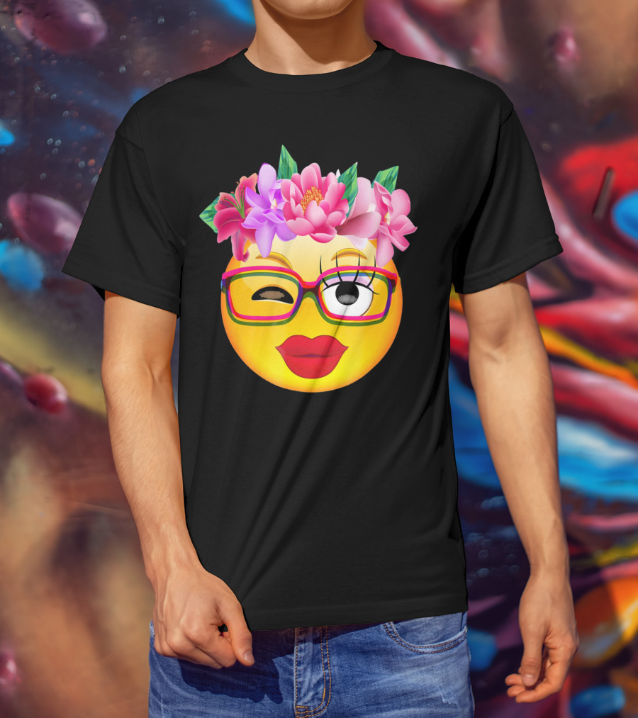 Emoji Face Smiley Emoticon Nerd Winking Glasses And Flower Crown T-Shirt