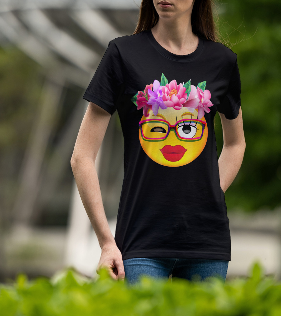 Emoji Face Smiley Emoticon Nerd Winking Glasses And Flower Crown T-Shirt
