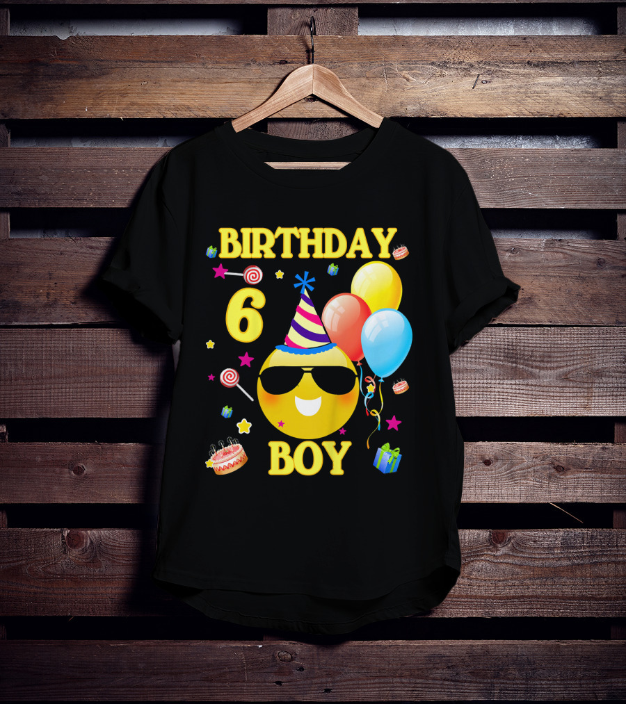 Birthday 6 Boy Emoji With Party Hat And Balloons T-Shirt