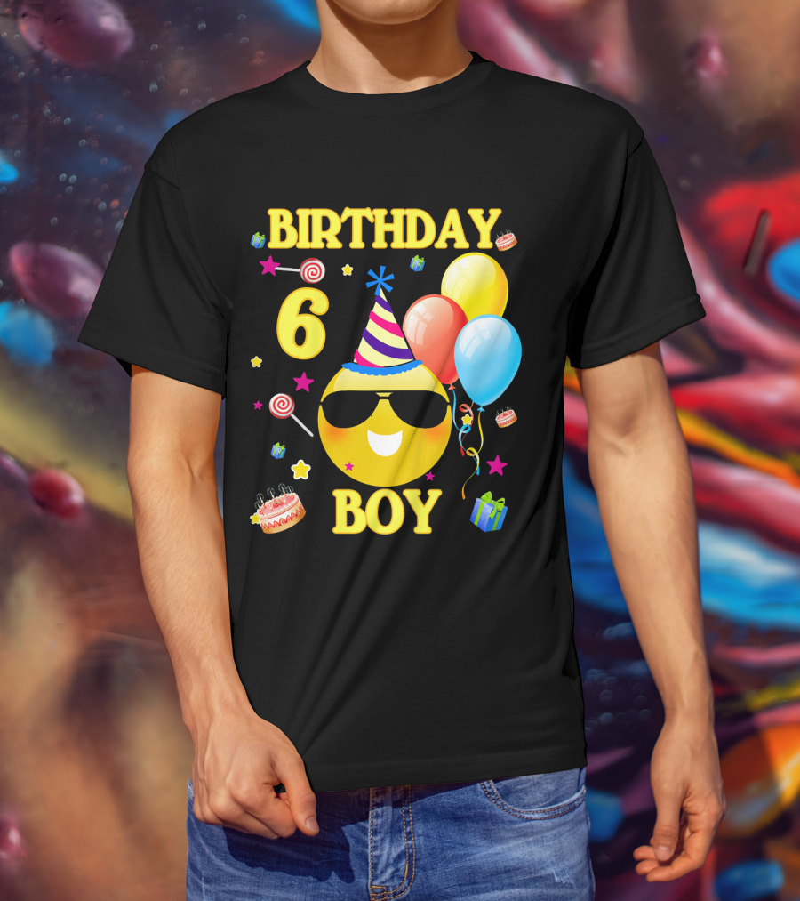 Birthday 6 Boy Emoji With Party Hat And Balloons T-Shirt