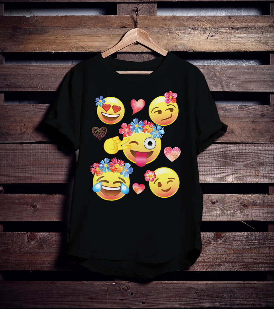 Cute Emoji Flower Crowns Heart Eyes Wink Tongue Out Laughing Crying Hearts T-Shirt