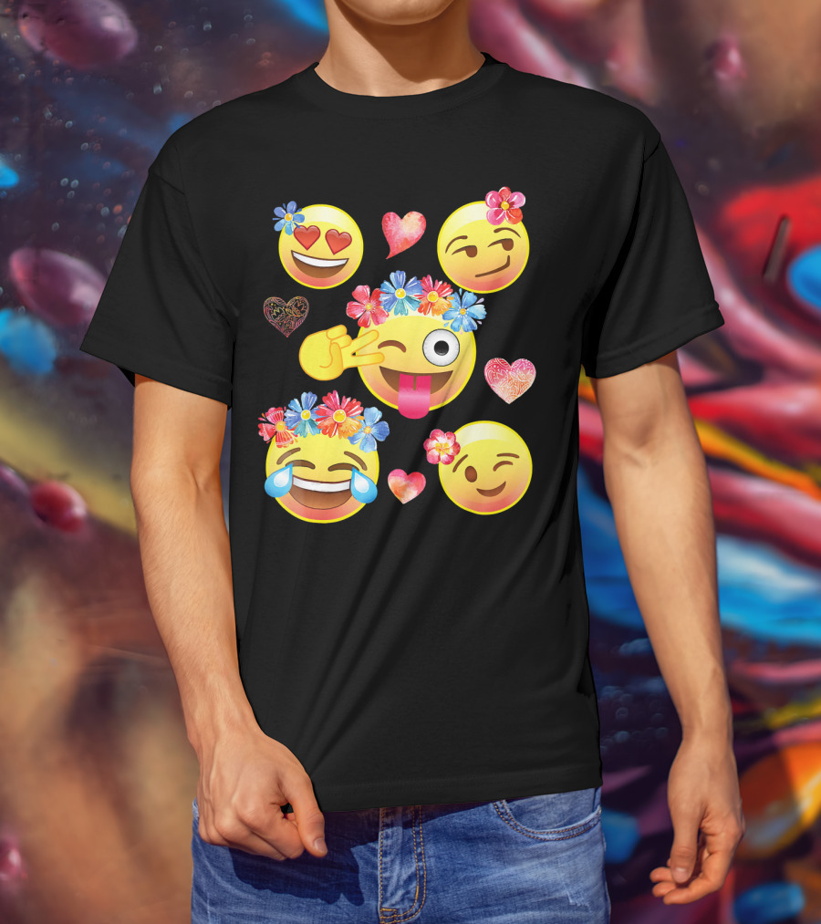 Cute Emoji Flower Crowns Heart Eyes Wink Tongue Out Laughing Crying Hearts T-Shirt