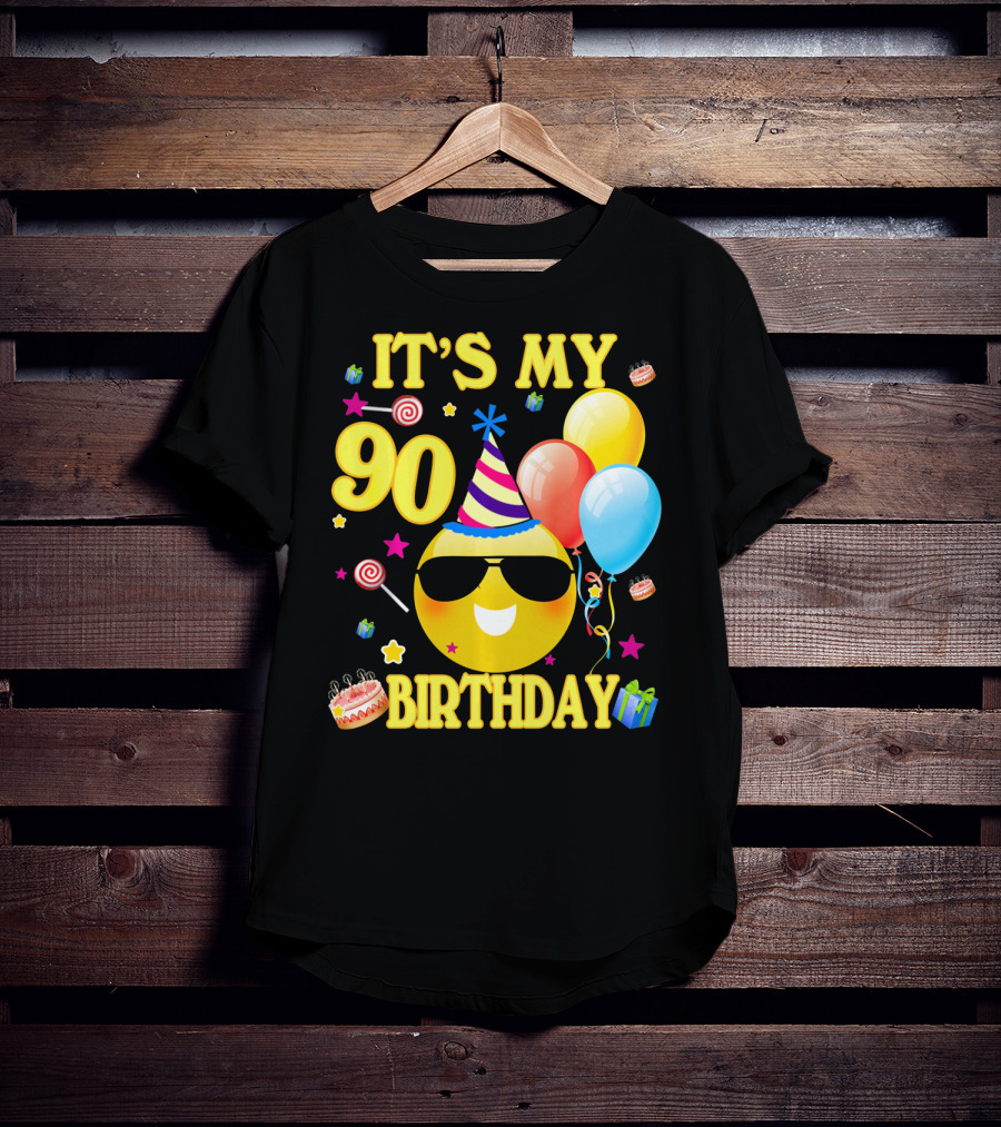It's My 90 Birthday Cute Emoji Cake Balloons Party Hat T-Shirt