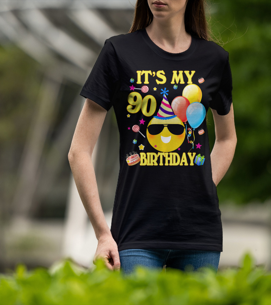 It's My 90 Birthday Cute Emoji Cake Balloons Party Hat T-Shirt